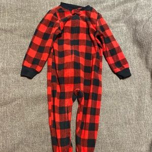 Carters red buffalo check plaid fleece, reindeer footies.